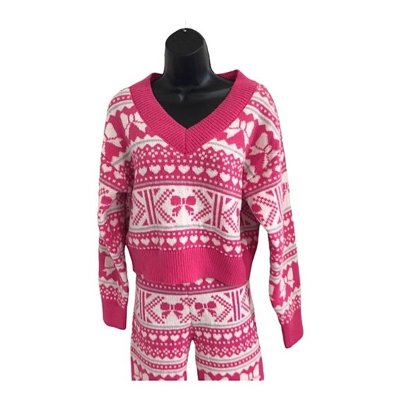 2pc pink white festive v-neck sweater & knit leggings pant‎ set size medium new - Picture 1 of 16
